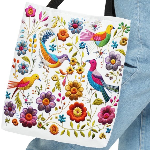 Floral Tote Bag | Birds Aesthetic | Designer Fall Tote Bag | Women's Fall Tote - Picture 1 of 10